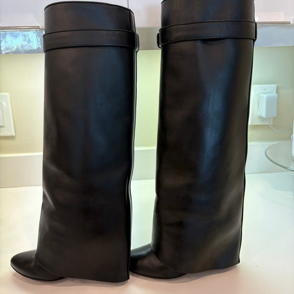 Givenchy Black Leather Knee-High Wedge Boots with Buckle Detail - Picture 12 of 16